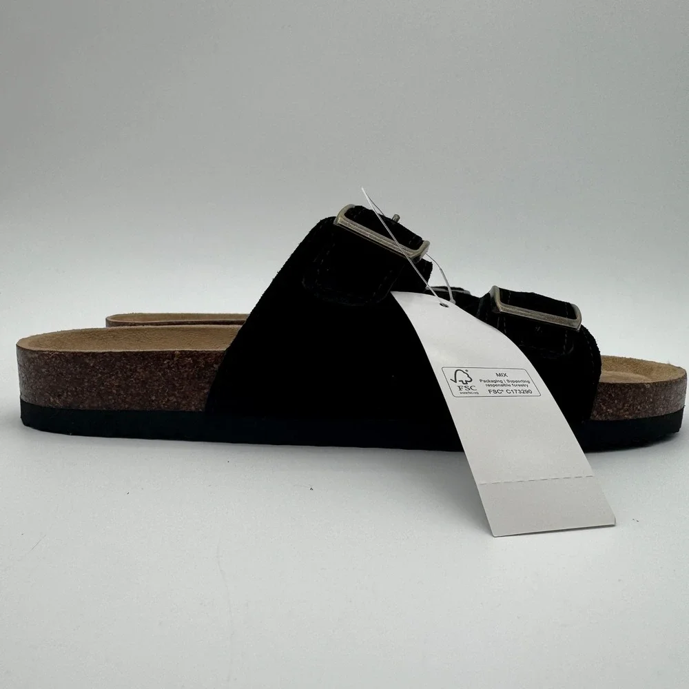 Khombu Asheville Black Suede Double Buckle Slide Sandals Women's Size 8